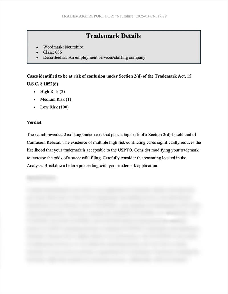 TrademarkSearchReports comprehensive trademark search report example showing detailed analysis of similar marks